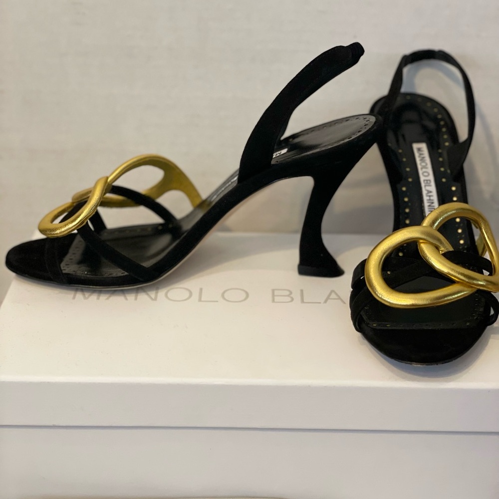 Manolo Blahnik black suede and gold link sandal in size 8.5